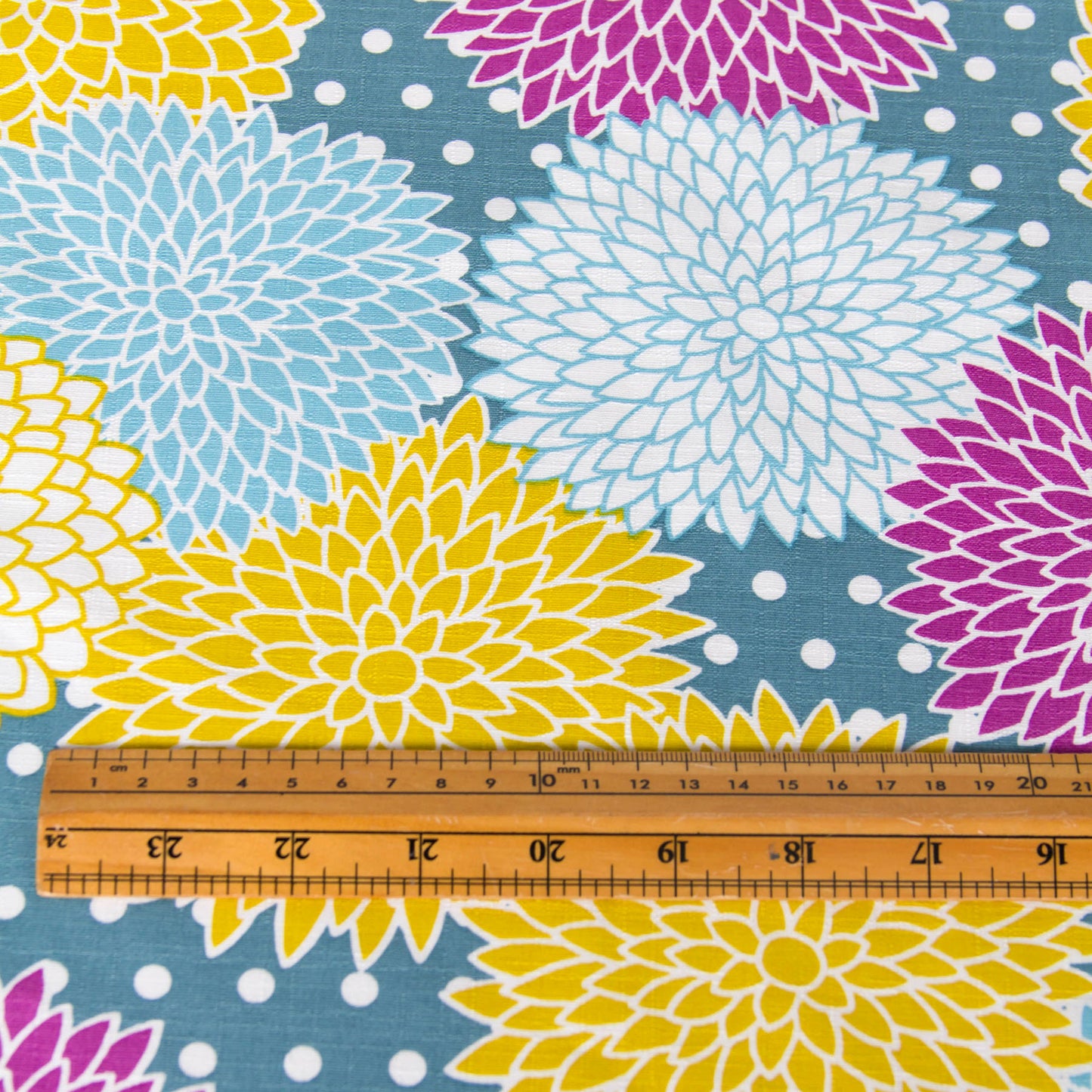 Vibrant Dahlia Flower Print Dobby Cotton Fabric Teal by the Yard