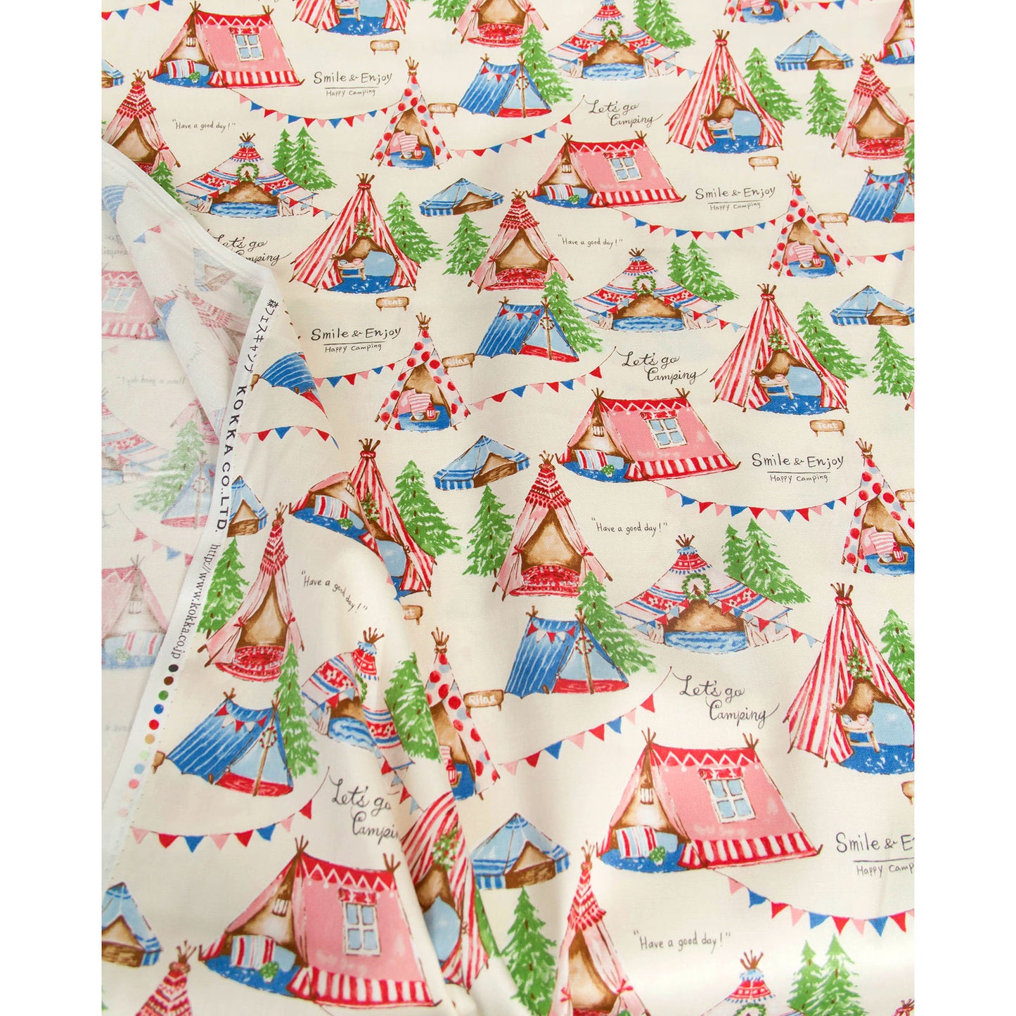 Oxford Cotton Fabric Cute Camping Tent Print Cream by the Yard