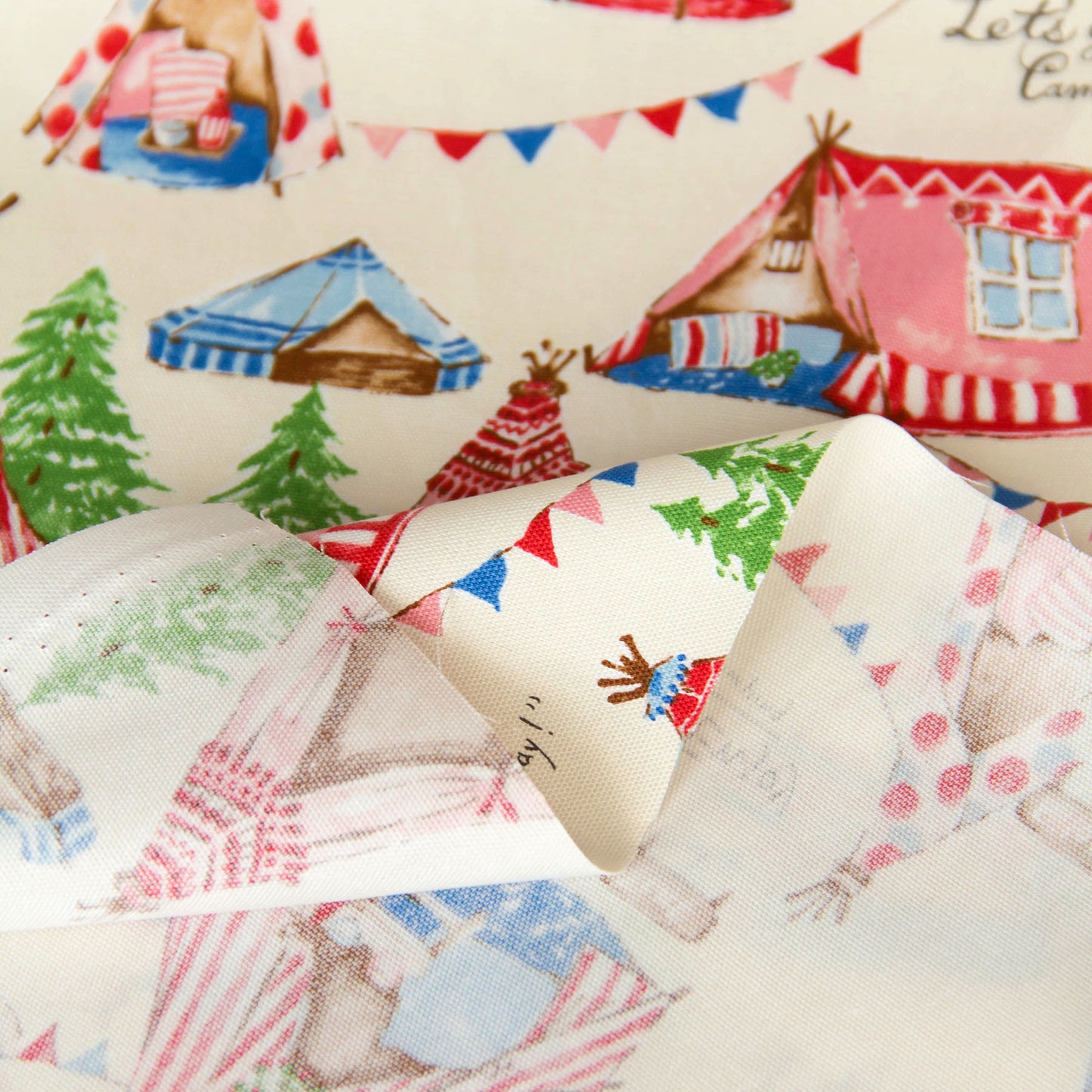 Oxford Cotton Fabric Cute Camping Tent Print Cream by the Yard