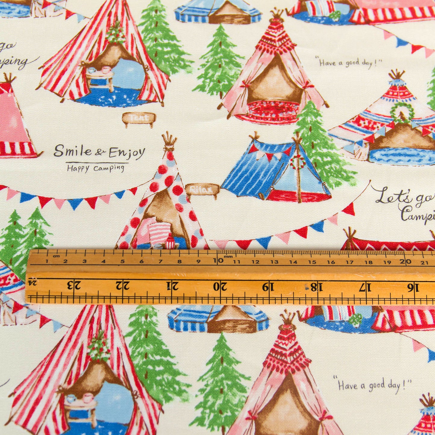 Oxford Cotton Fabric Cute Camping Tent Print Cream by the Yard