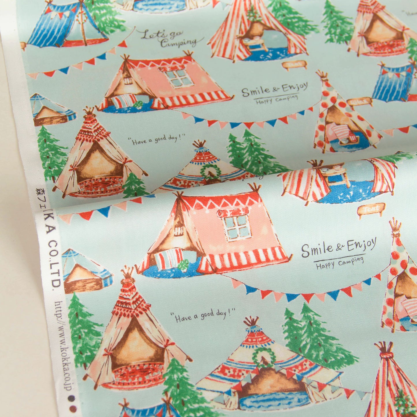 Oxford Cotton Fabric Cute Camping Tent Print Mint by the Yard