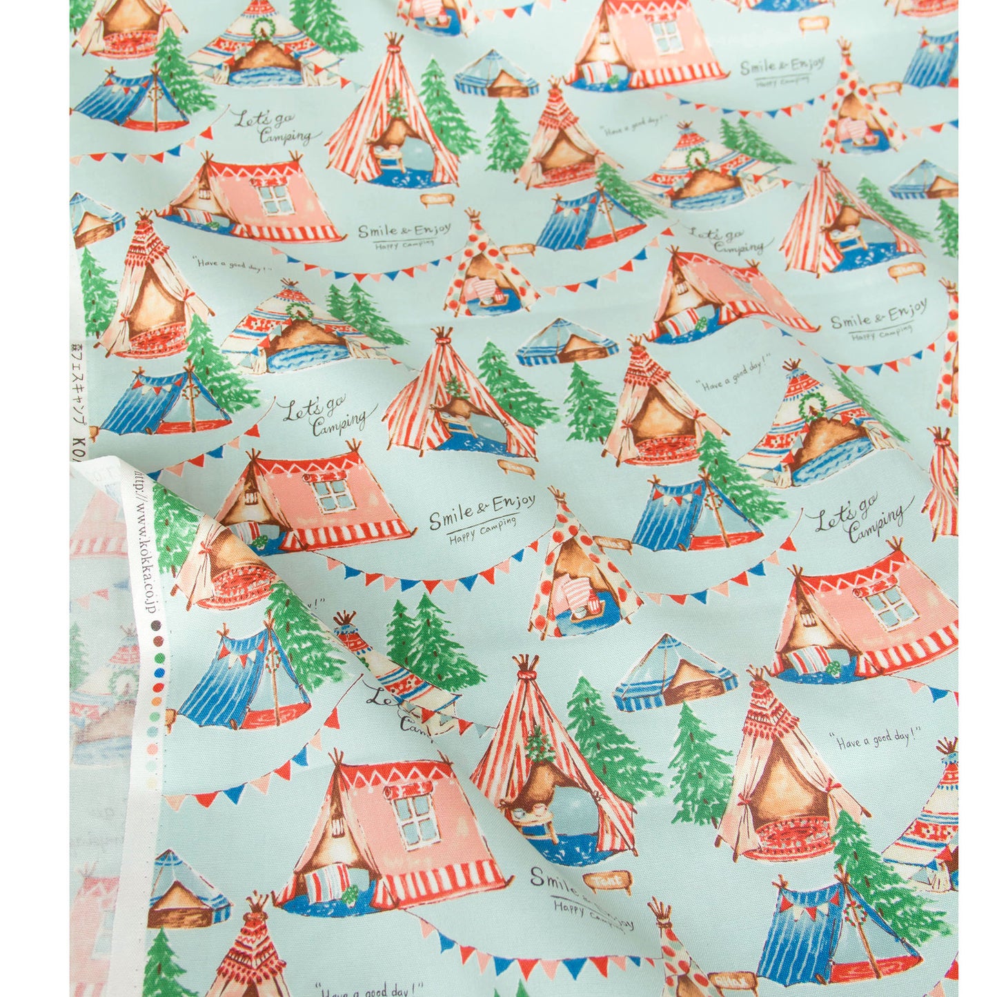 Oxford Cotton Fabric Cute Camping Tent Print Mint by the Yard