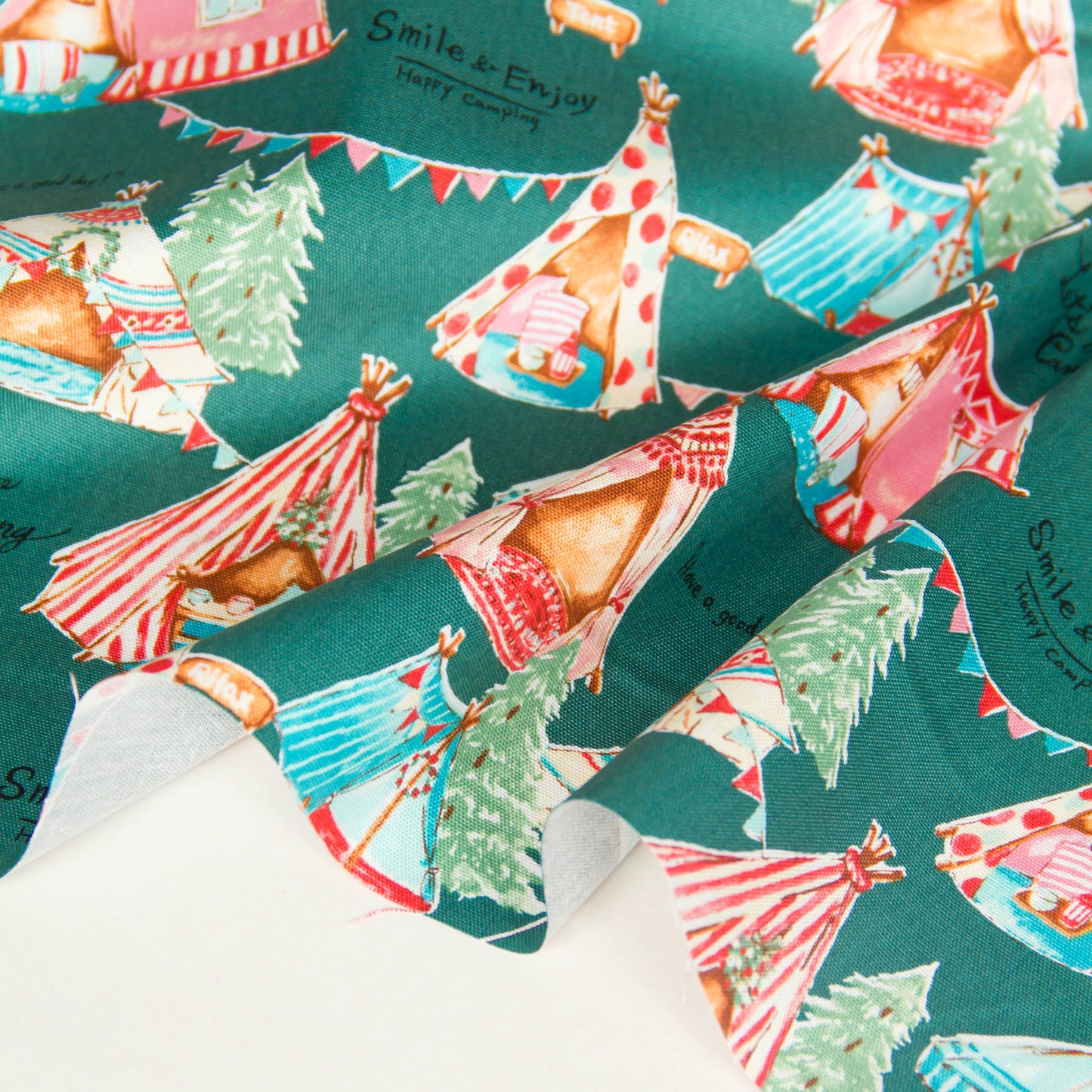 Oxford Cotton Fabric Cute Camping Tent Print Vintage Green by the Yard