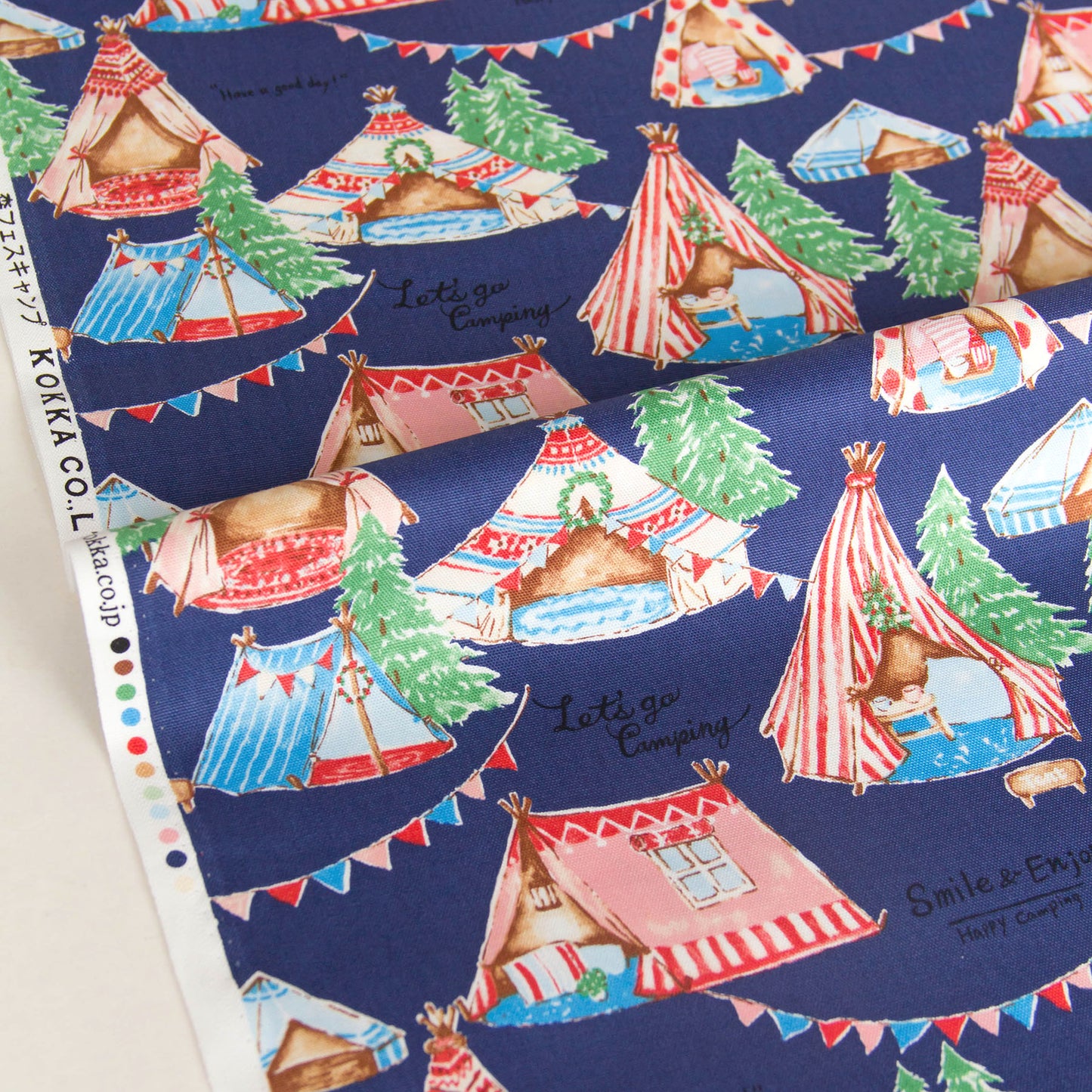 Oxford Cotton Fabric Cute Camping Tent Print Navy Blue by the Yard