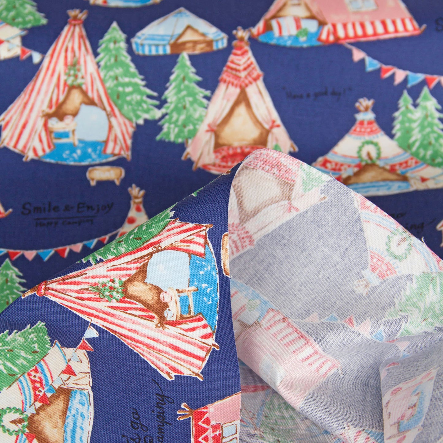 Oxford Cotton Fabric Cute Camping Tent Print Navy Blue by the Yard
