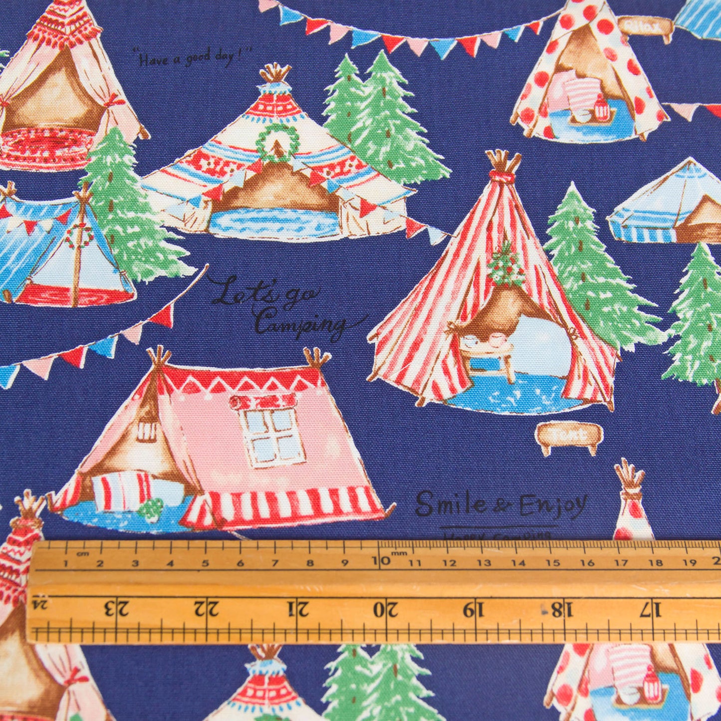 Oxford Cotton Fabric Cute Camping Tent Print Navy Blue by the Yard