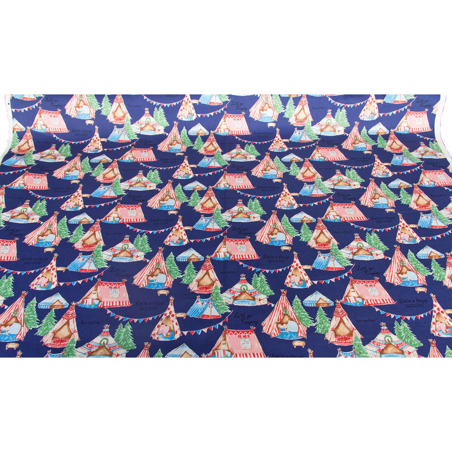 Oxford Cotton Fabric Cute Camping Tent Print Navy Blue by the Yard
