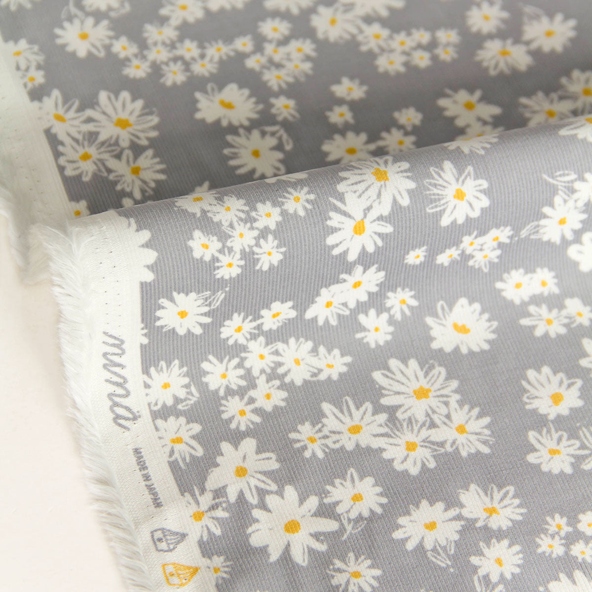 21 Wale Corduroy with White Daisy Print Grey by the Yard