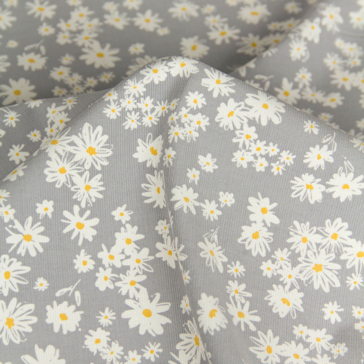 21 Wale Corduroy with White Daisy Print Grey by the Yard