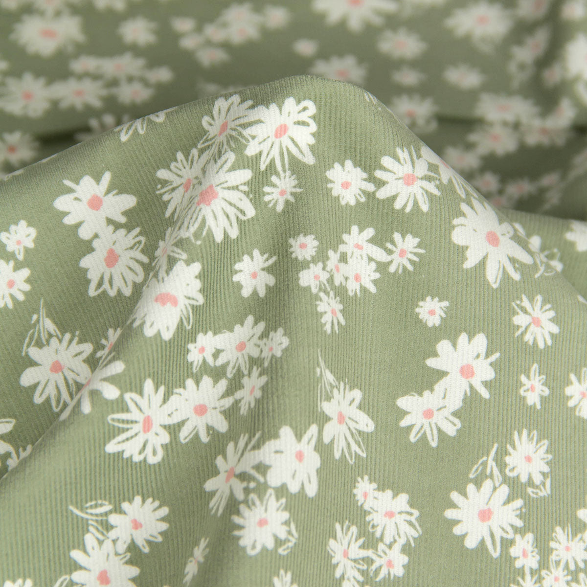 21 Wale Corduroy with White Daisy Print Light Olive by the Yard