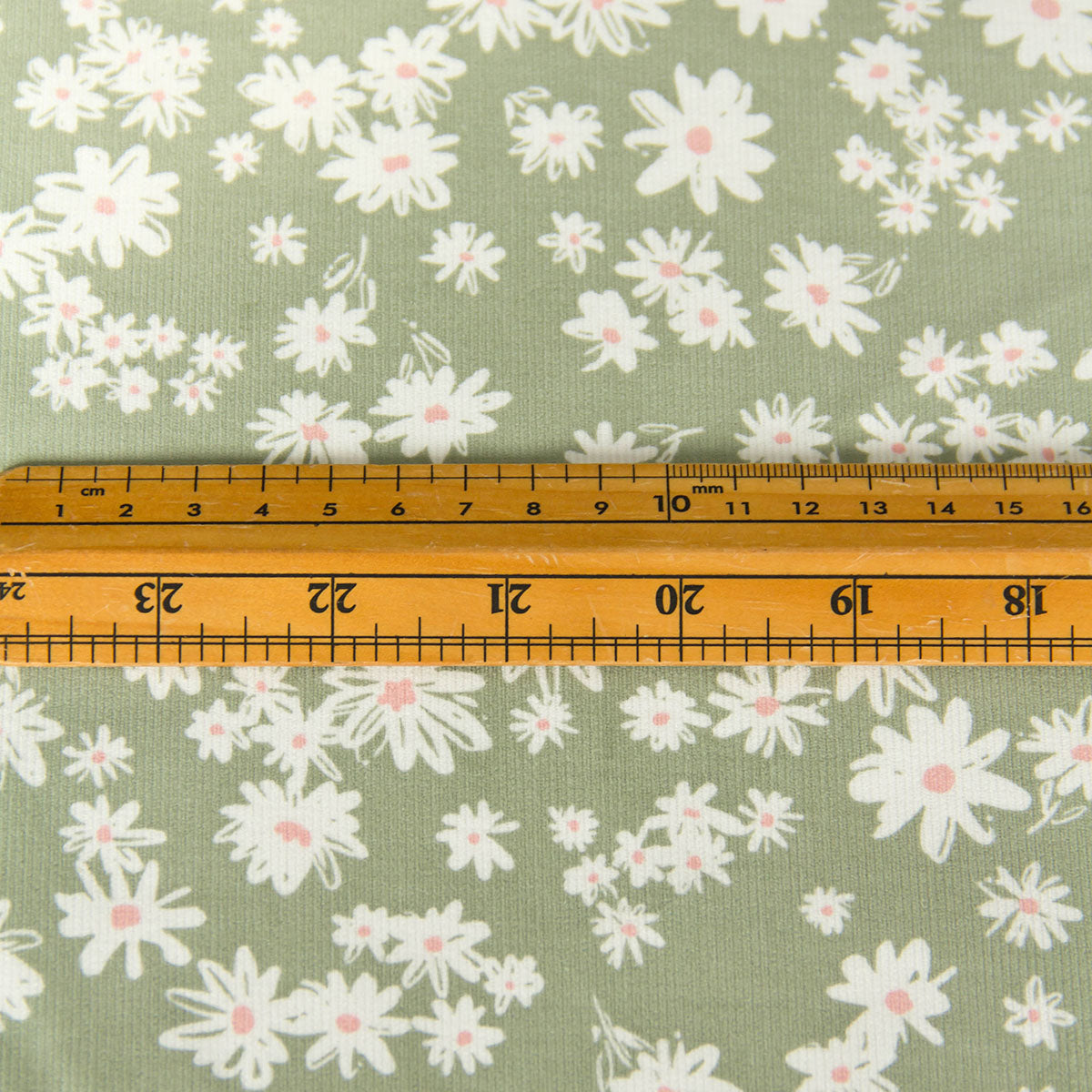 21 Wale Corduroy with White Daisy Print Light Olive by the Yard