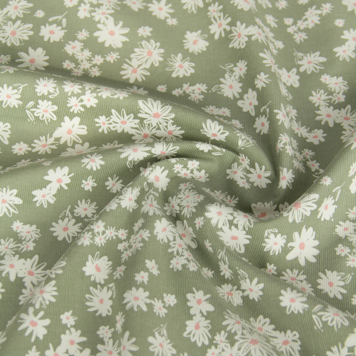 21 Wale Corduroy with White Daisy Print Light Olive by the Yard