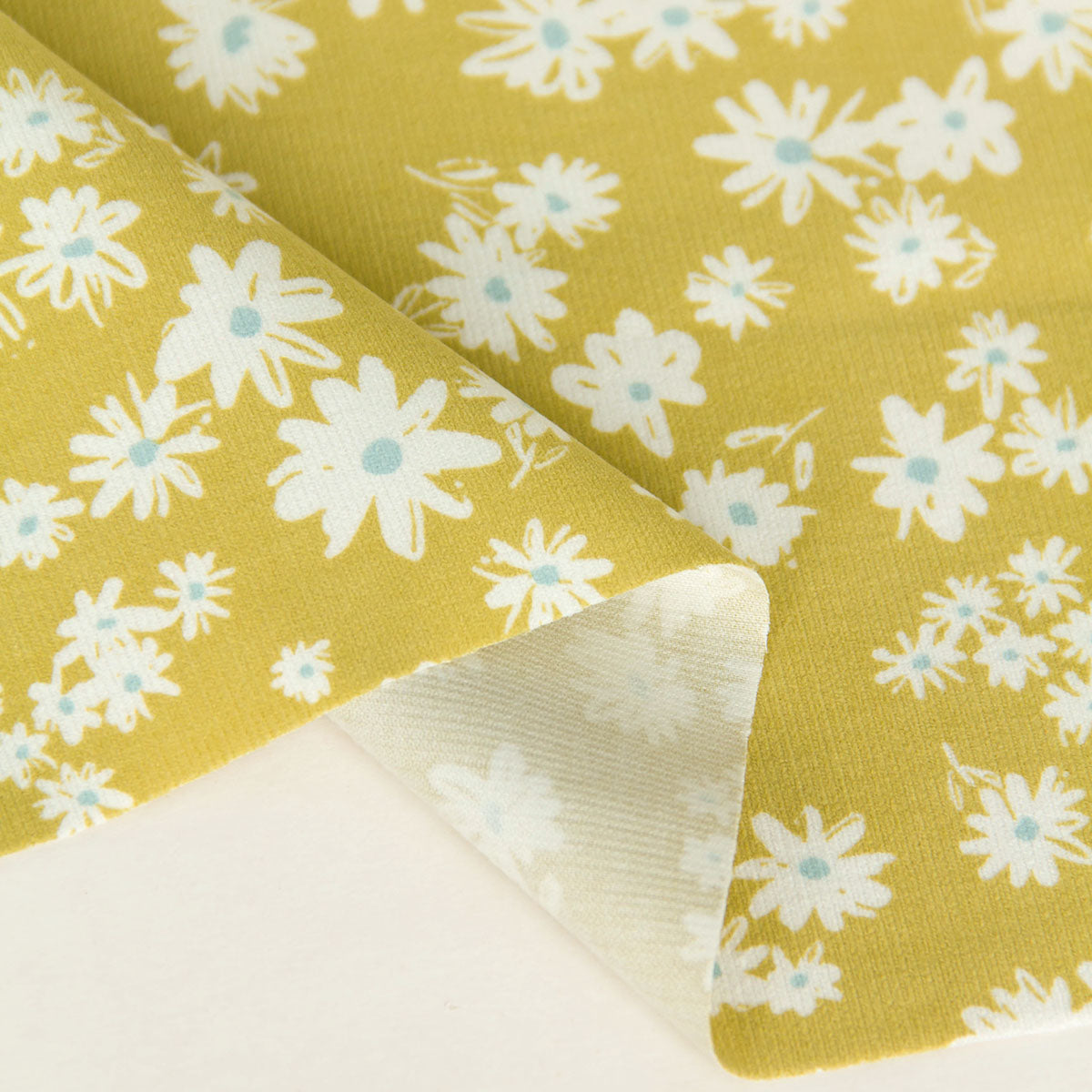 21 Wale Corduroy with White Daisy Print Yellow by the Yard