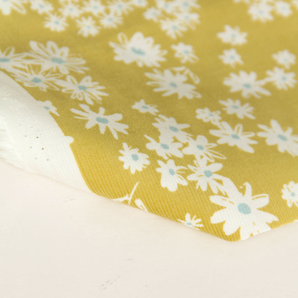 21 Wale Corduroy with White Daisy Print Yellow by the Yard