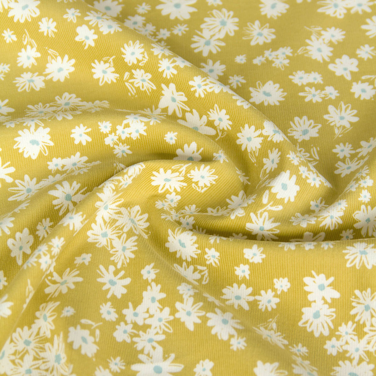 21 Wale Corduroy with White Daisy Print Yellow by the Yard