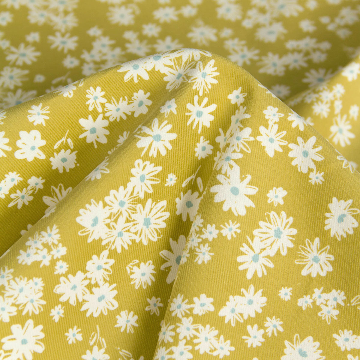 21 Wale Corduroy with White Daisy Print Yellow by the Yard