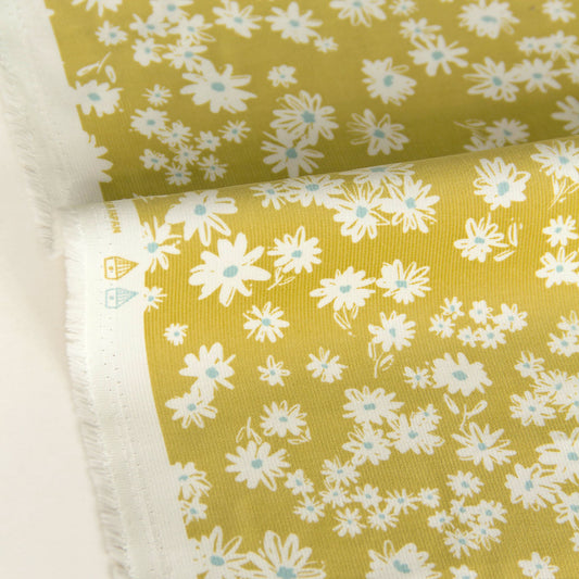 21 Wale Corduroy with White Daisy Print Yellow by the Yard