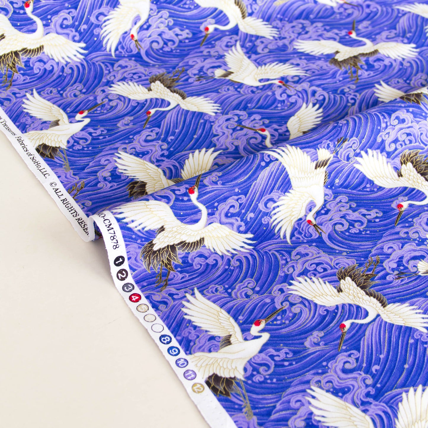 Japanese Crane & Wave Print Cotton Fabric by the Yard