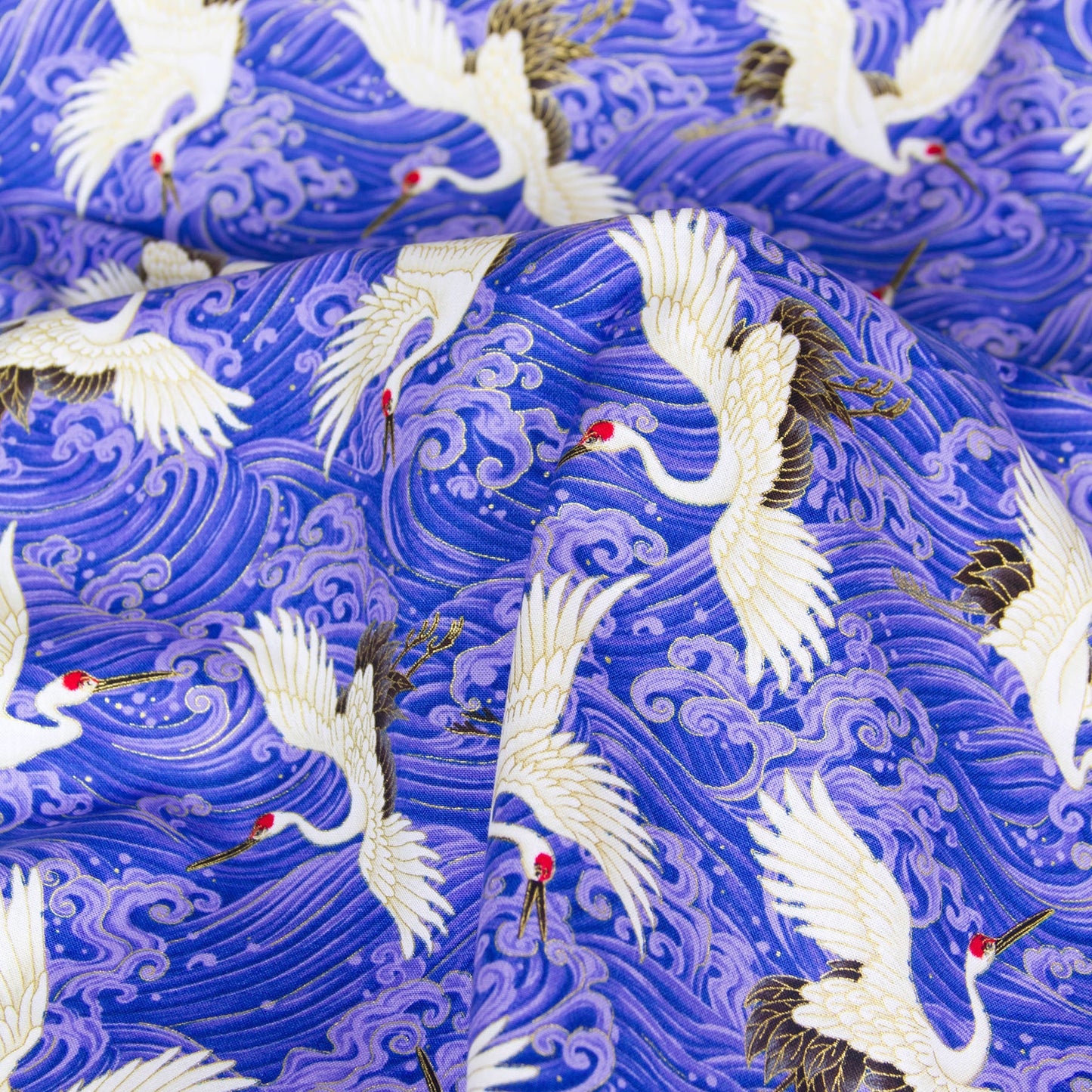 Japanese Crane & Wave Print Cotton Fabric by the Yard