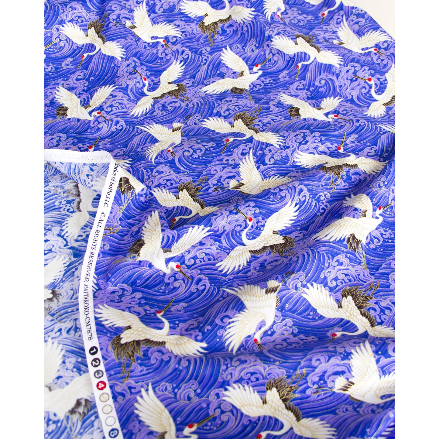 Japanese Crane & Wave Print Cotton Fabric by the Yard
