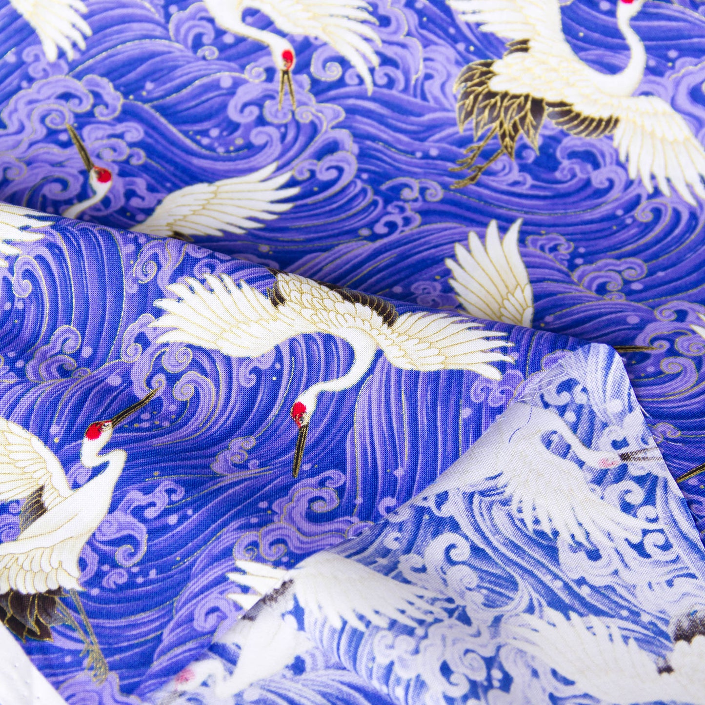 Japanese Crane & Wave Print Cotton Fabric by the Yard