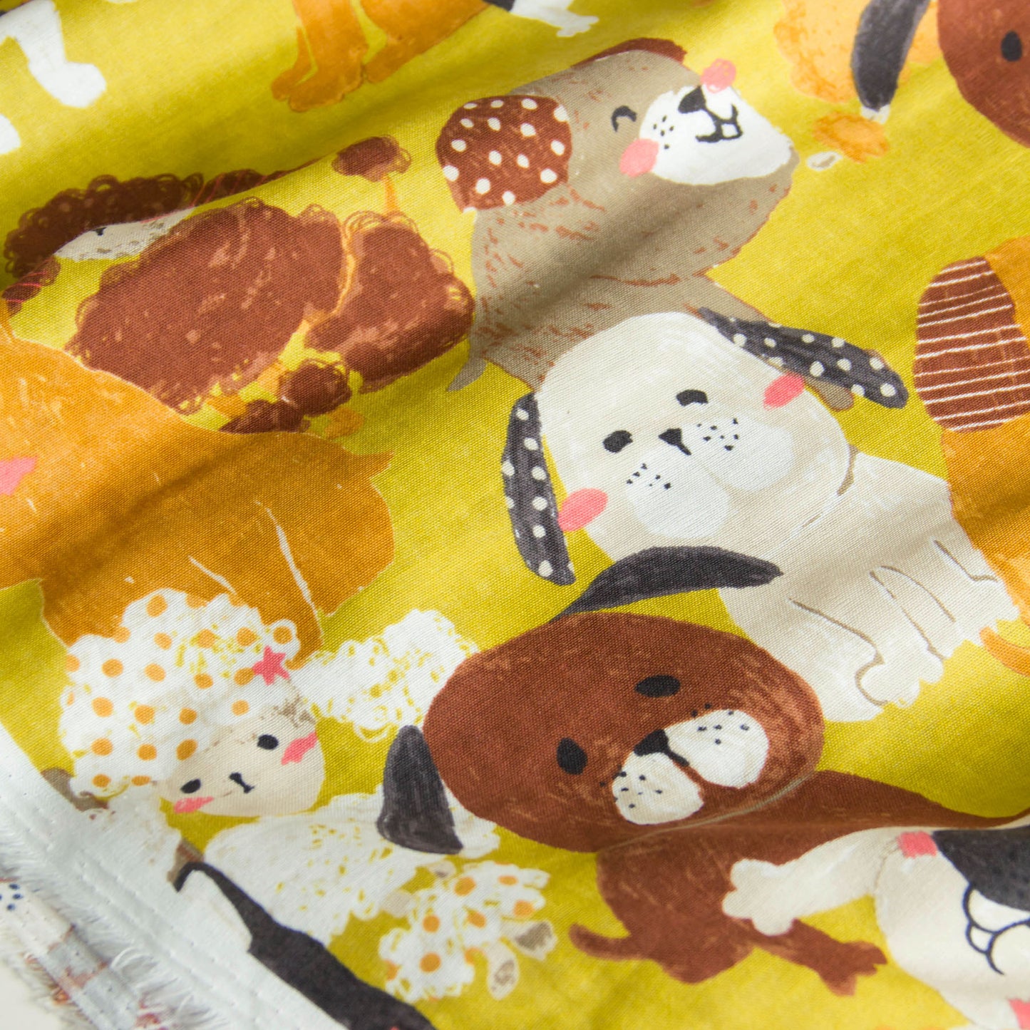 Cotton Double Gauze Fabric Big Animal Puppy Dog Mustard by the Yard