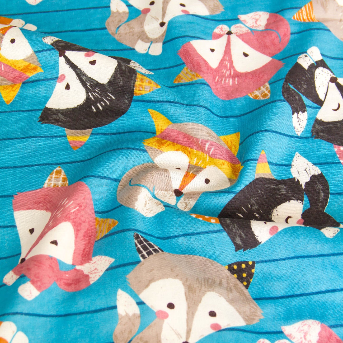 Cotton Double Gauze Fabric Cute Cartoon Fox Blue by the Yard