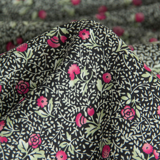 Tissu léger en coton lawn, motif Kokka Flower, noir, vendu au mètre