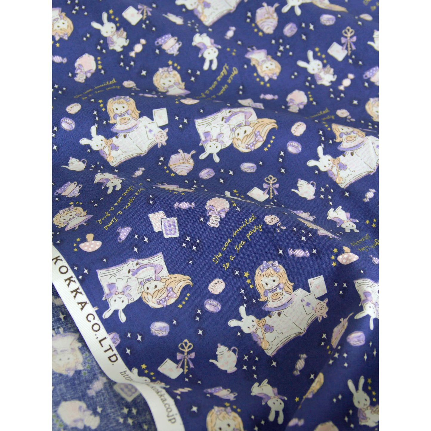 Cute Girl & Bunny Cotton Fabric with Golden Stars by the Yard