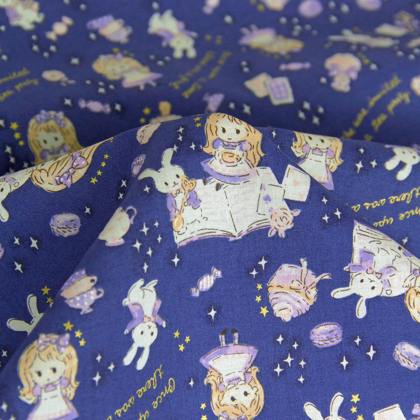 Cute Girl & Bunny Cotton Fabric with Golden Stars by the Yard
