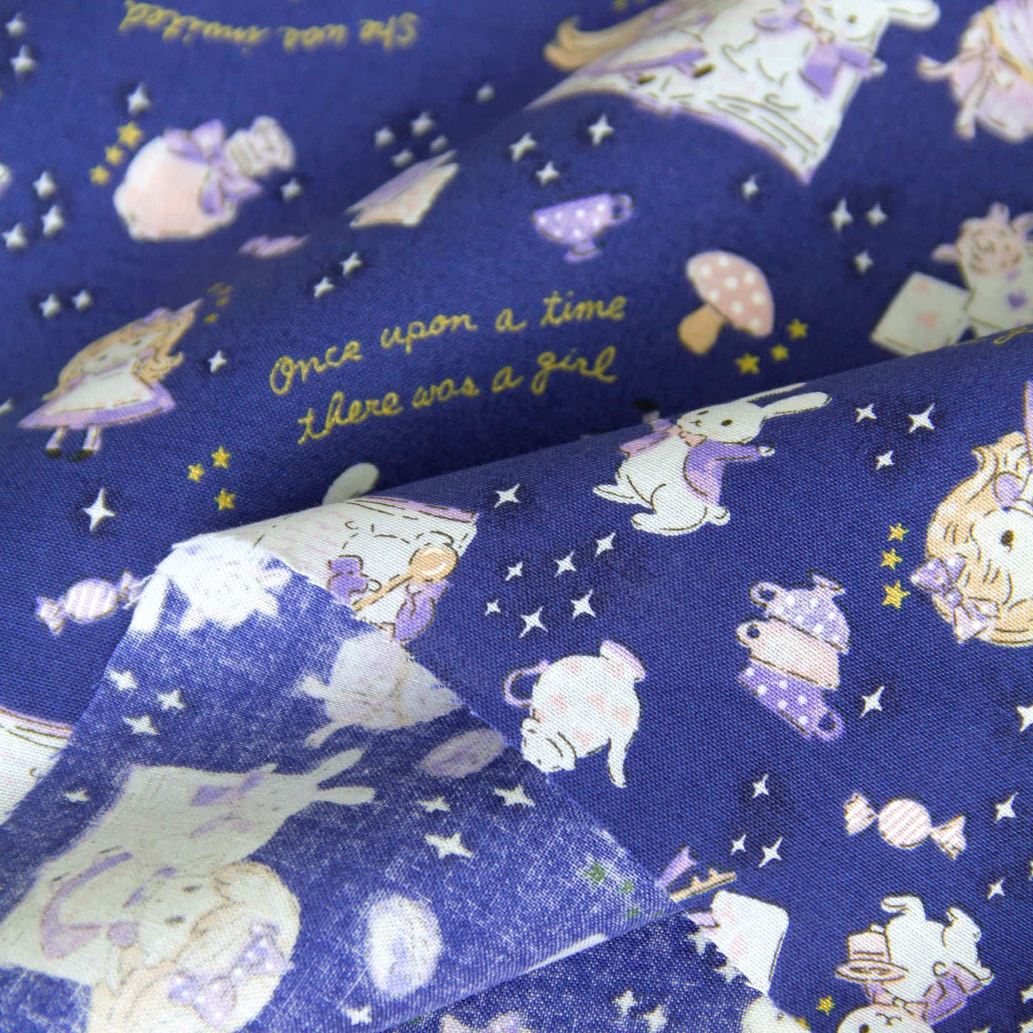 Cute Girl & Bunny Cotton Fabric with Golden Stars by the Yard
