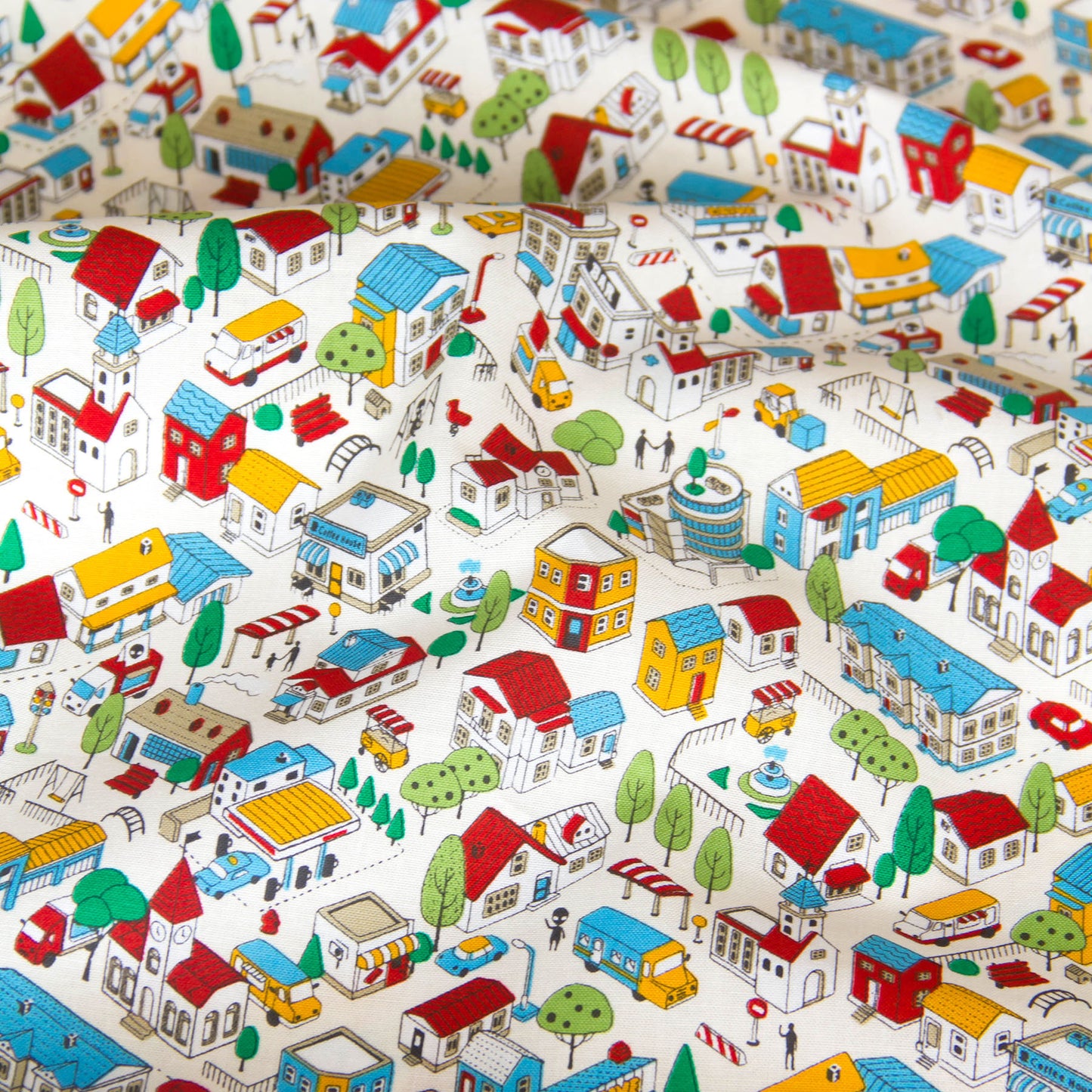 Whimsical Town & Village Print Cotton Fabric White by the Yard