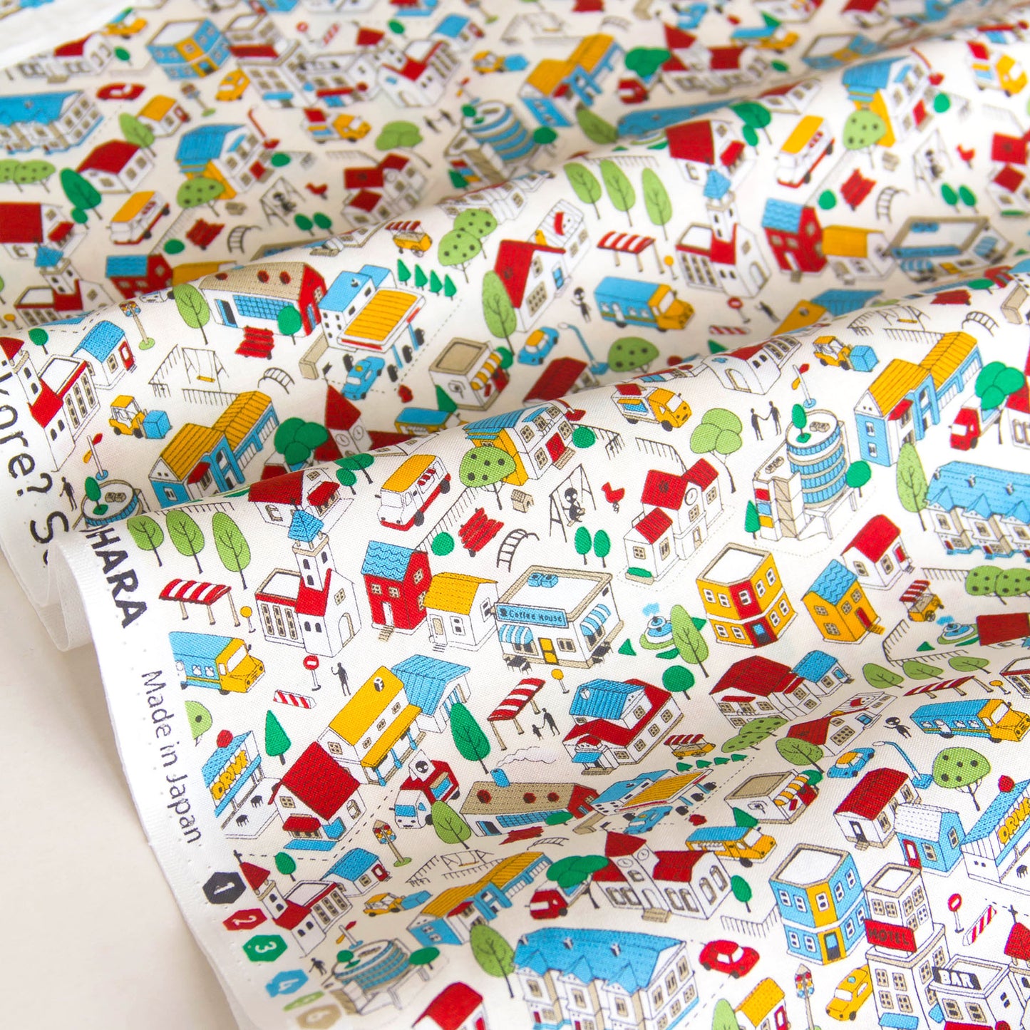 Whimsical Town & Village Print Cotton Fabric White by the Yard