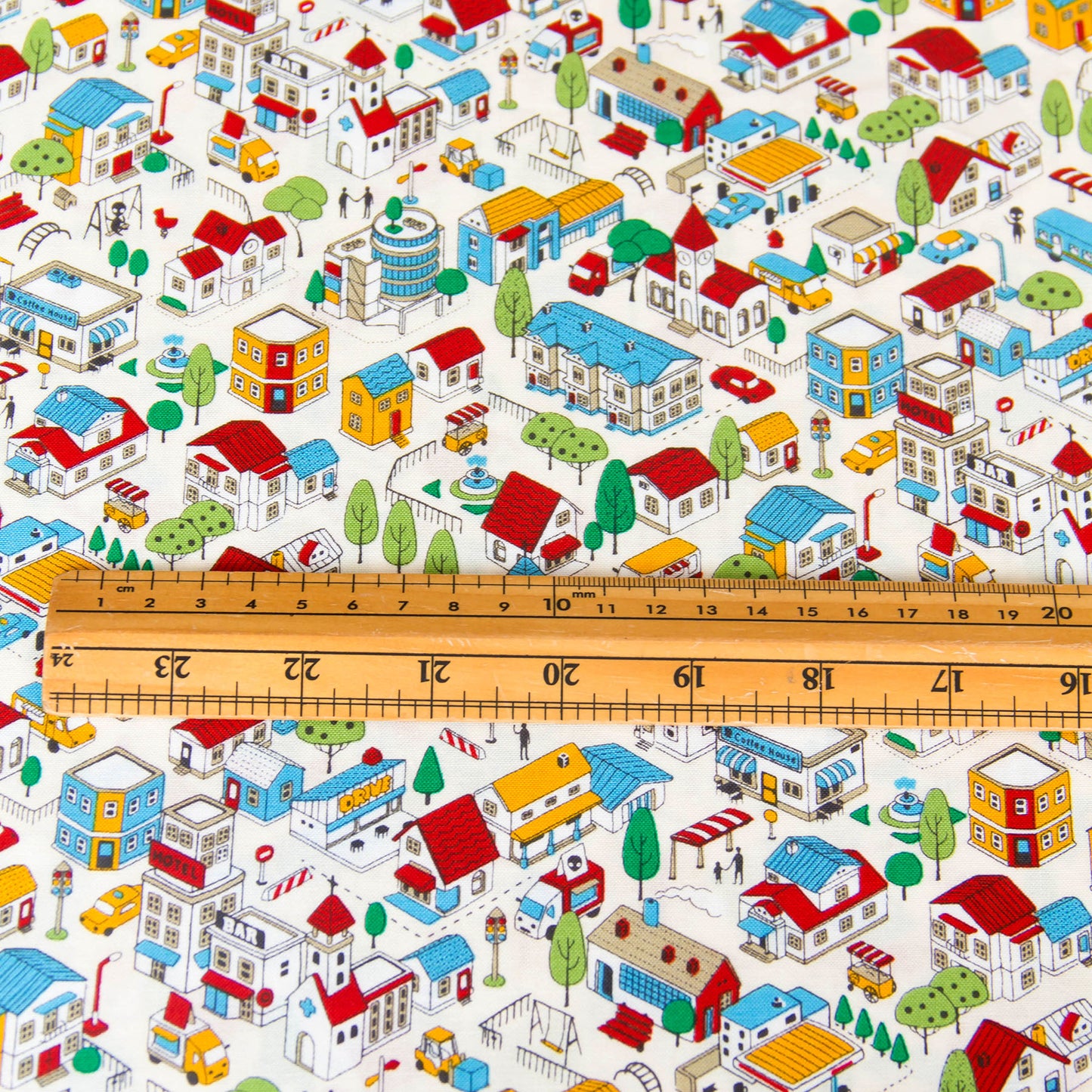 Whimsical Town & Village Print Cotton Fabric White by the Yard