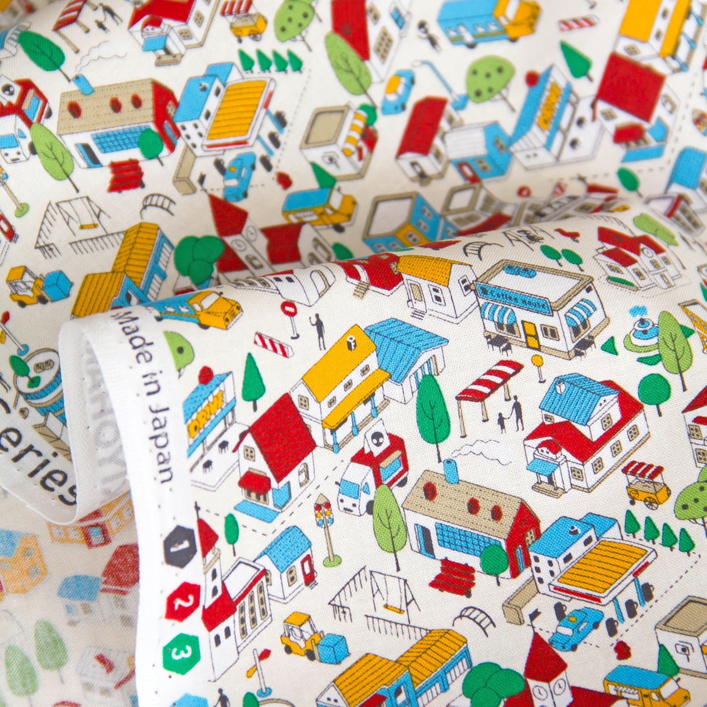 Whimsical Town & Village Print Cotton Fabric White by the Yard