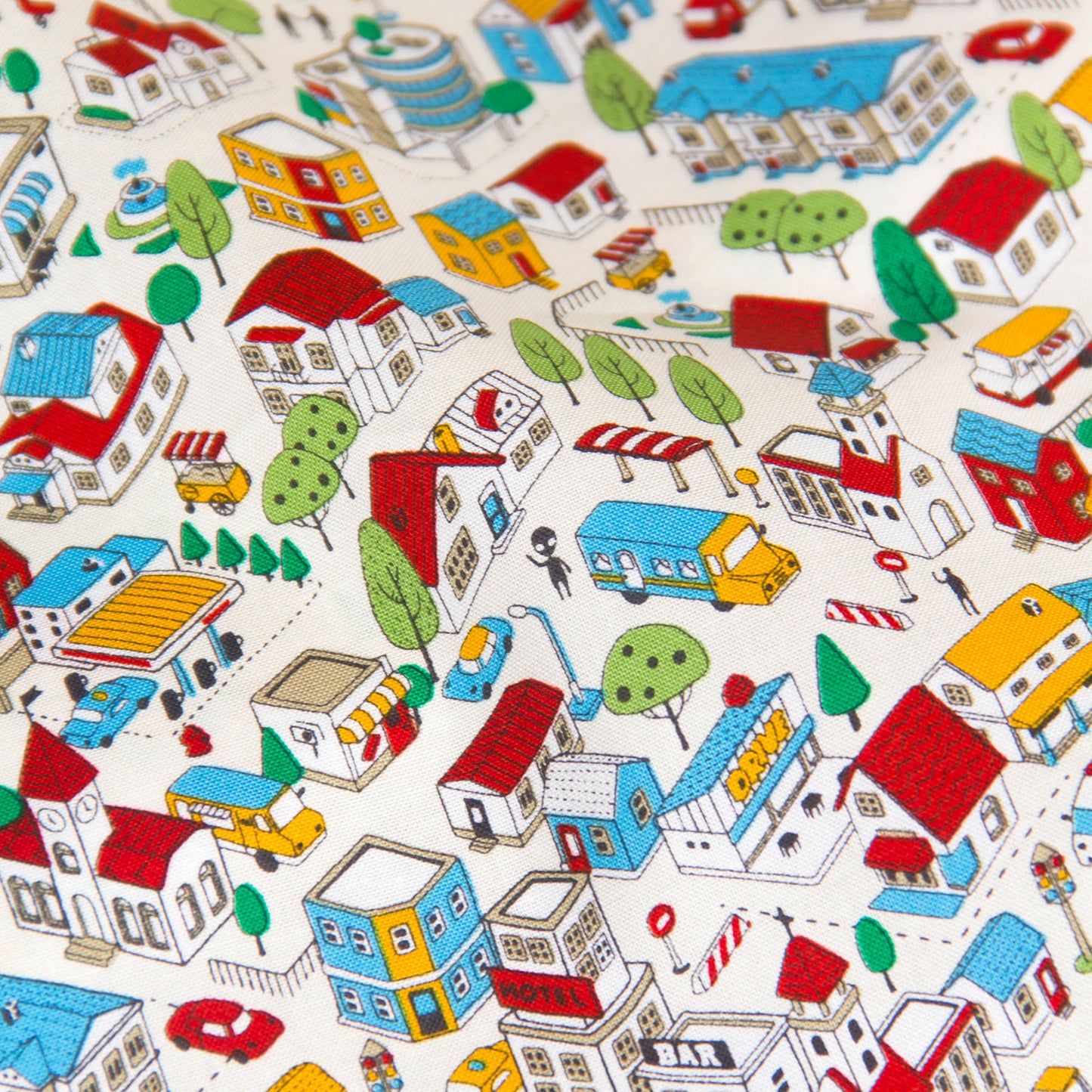 Whimsical Town & Village Print Cotton Fabric White by the Yard