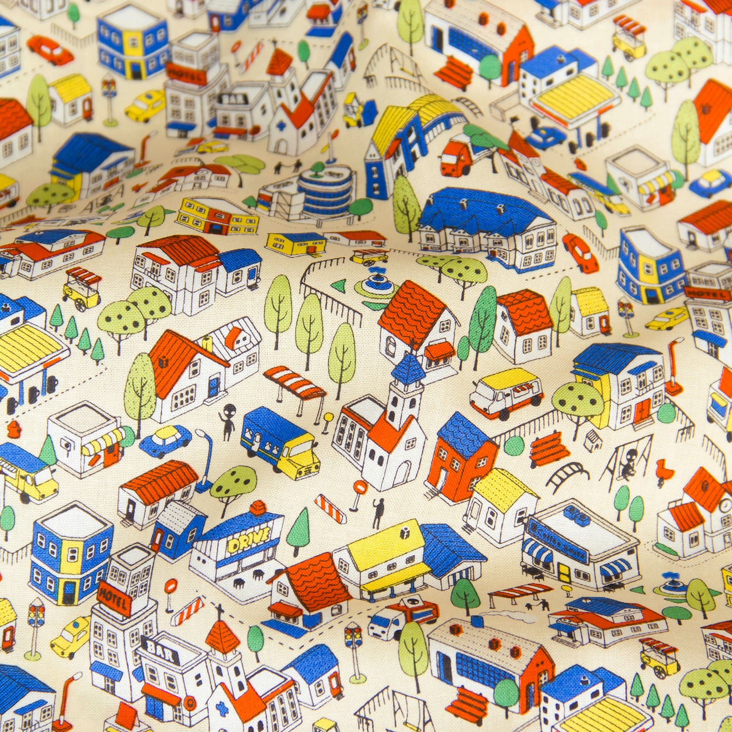 Whimsical Town & Village Print Cotton Fabric Warm Beige by the Yard