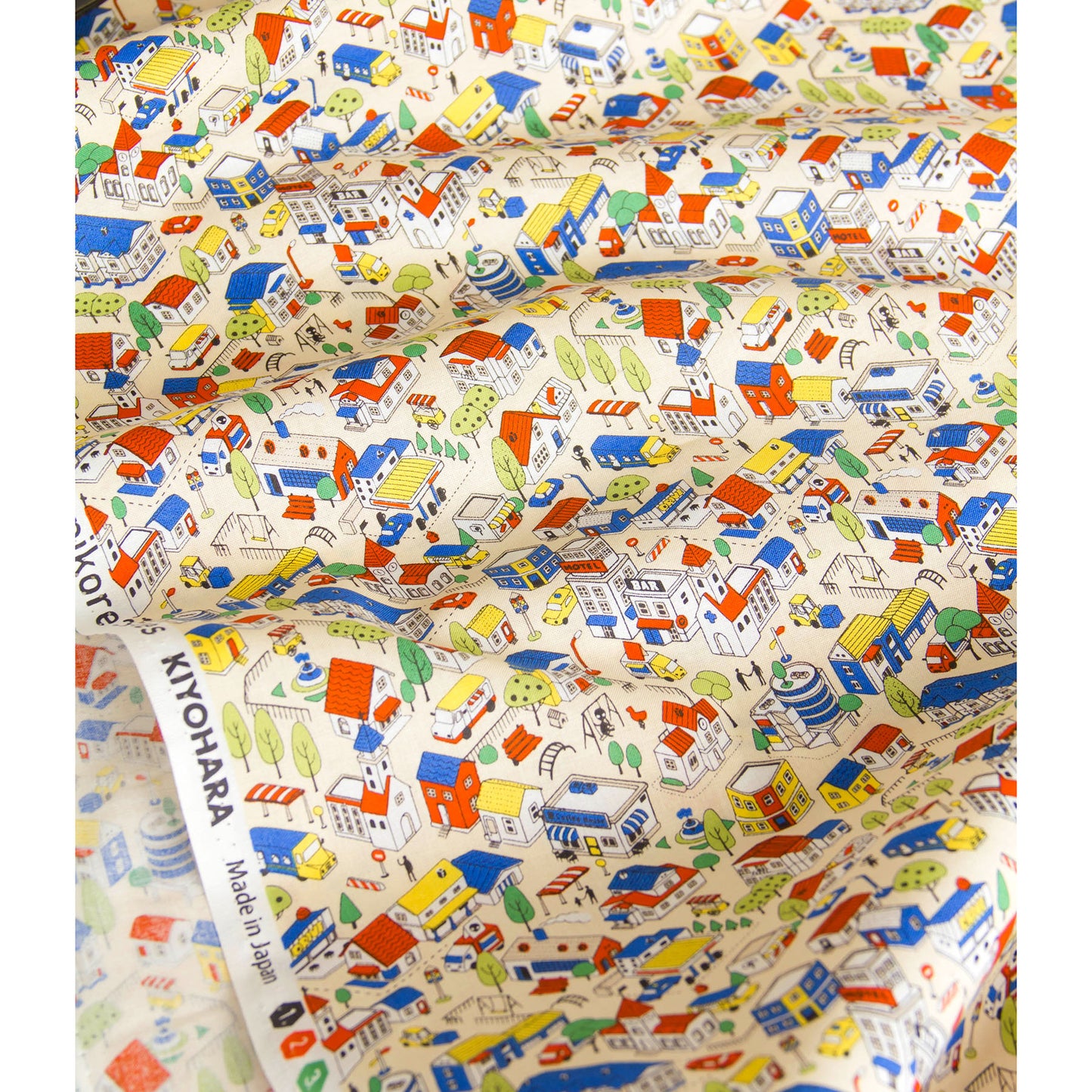 Whimsical Town & Village Print Cotton Fabric Warm Beige by the Yard