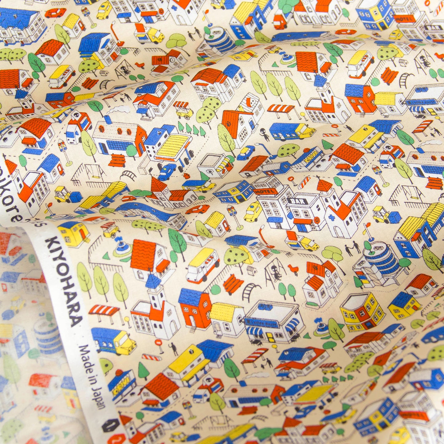 Whimsical Town & Village Print Cotton Fabric Warm Beige by the Yard