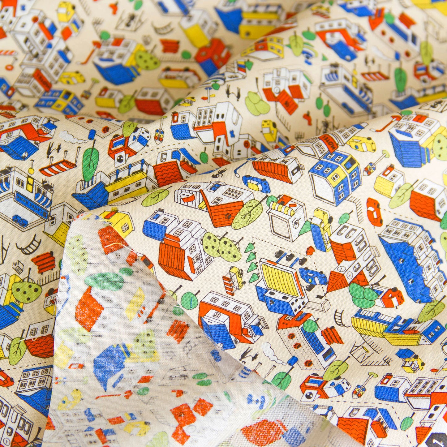 Whimsical Town & Village Print Cotton Fabric Warm Beige by the Yard
