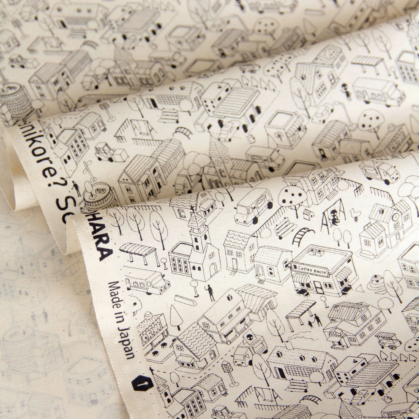 Whimsical Town & Village Print Cotton Fabric Black Line by the Yard