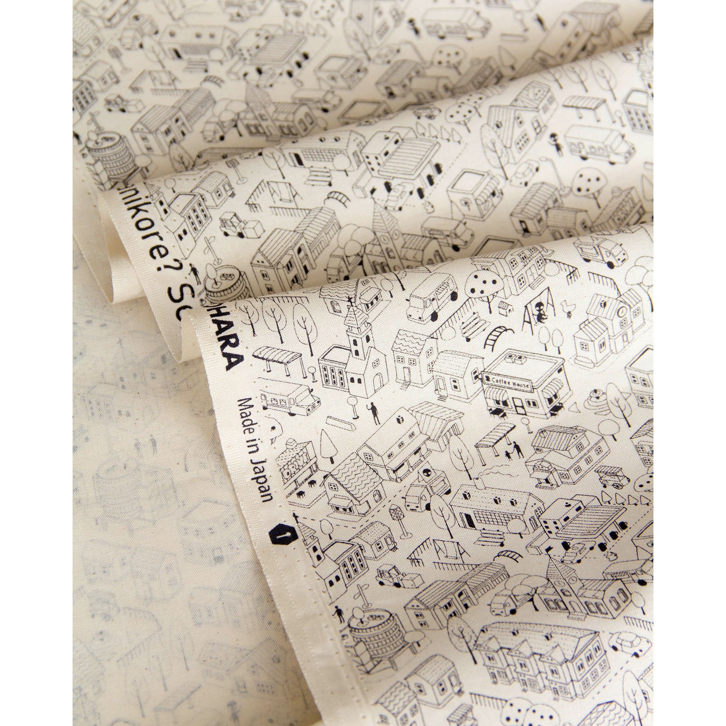 Whimsical Town & Village Print Cotton Fabric Black Line by the Yard