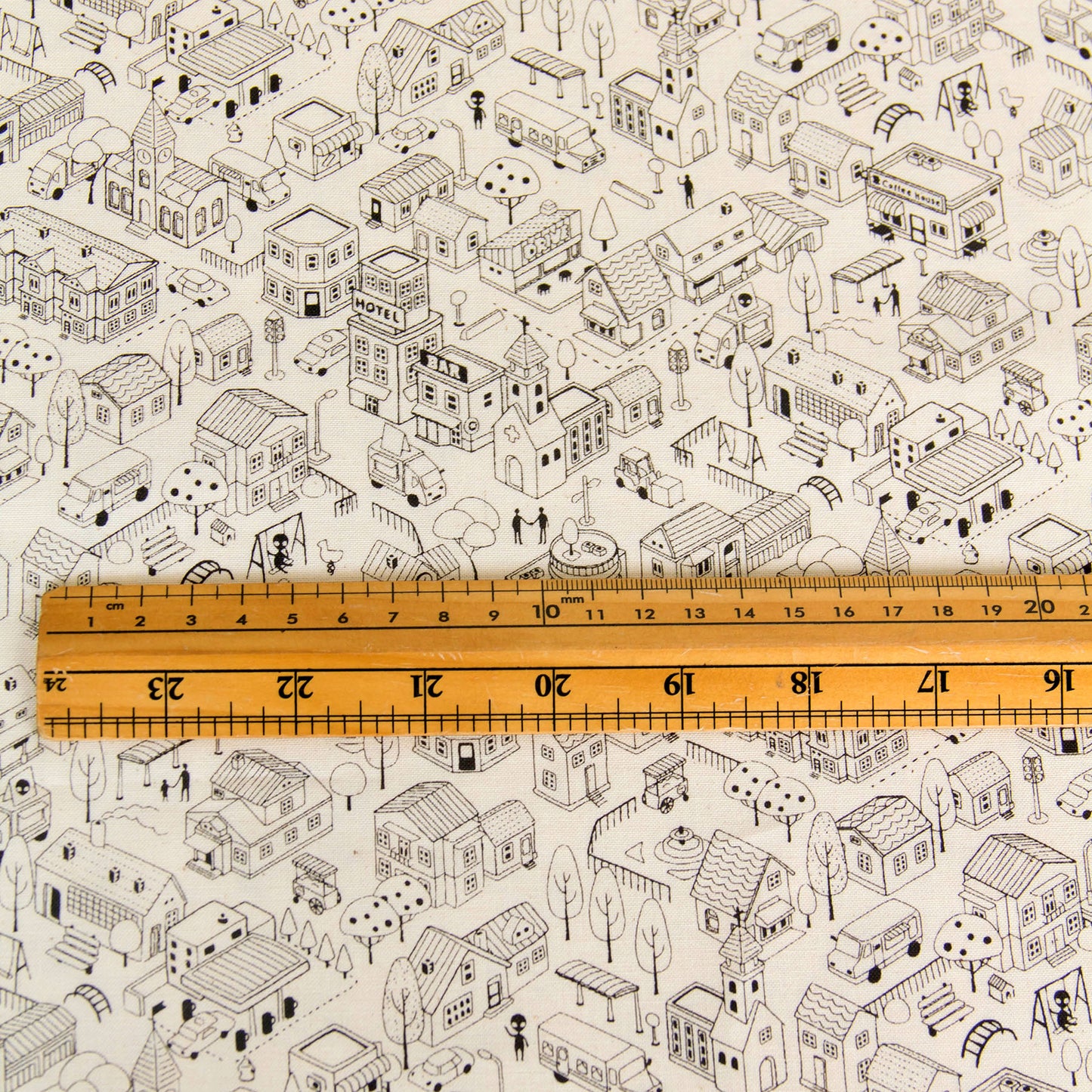 Whimsical Town & Village Print Cotton Fabric Black Line by the Yard