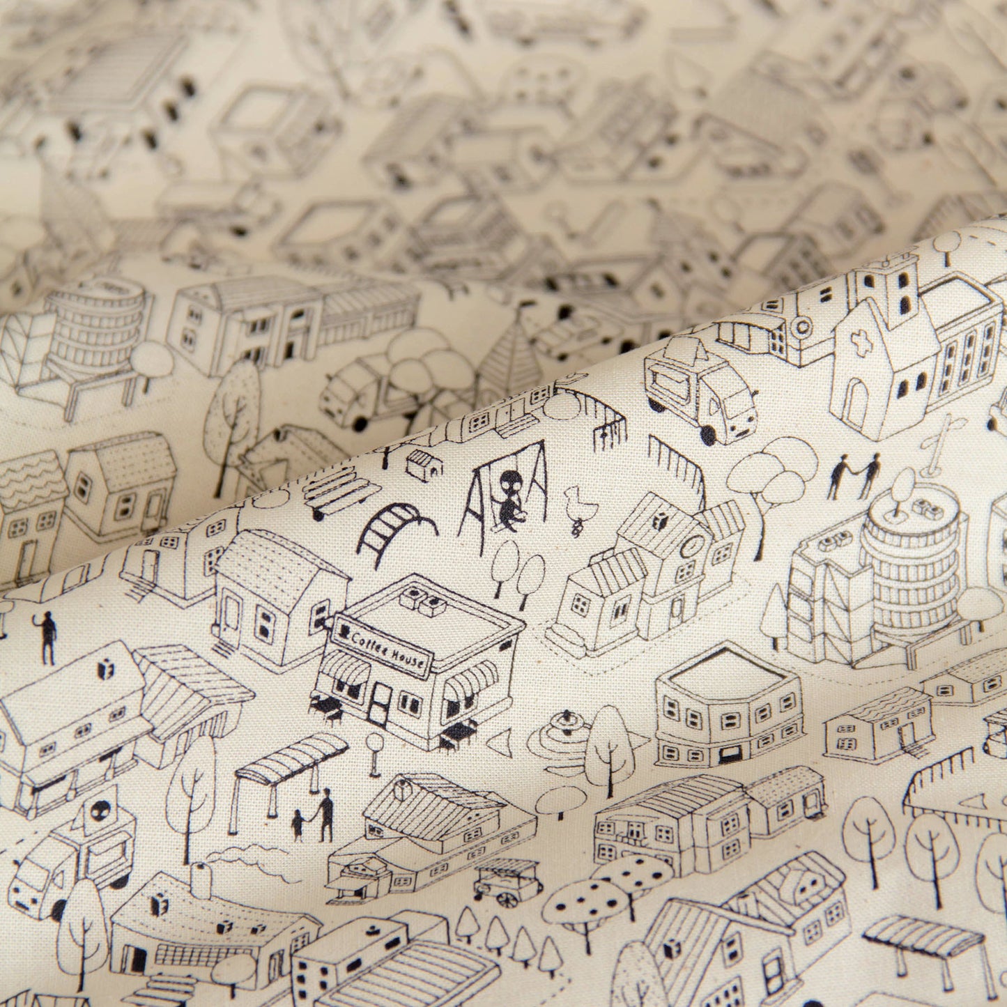 Whimsical Town & Village Print Cotton Fabric Black Line by the Yard